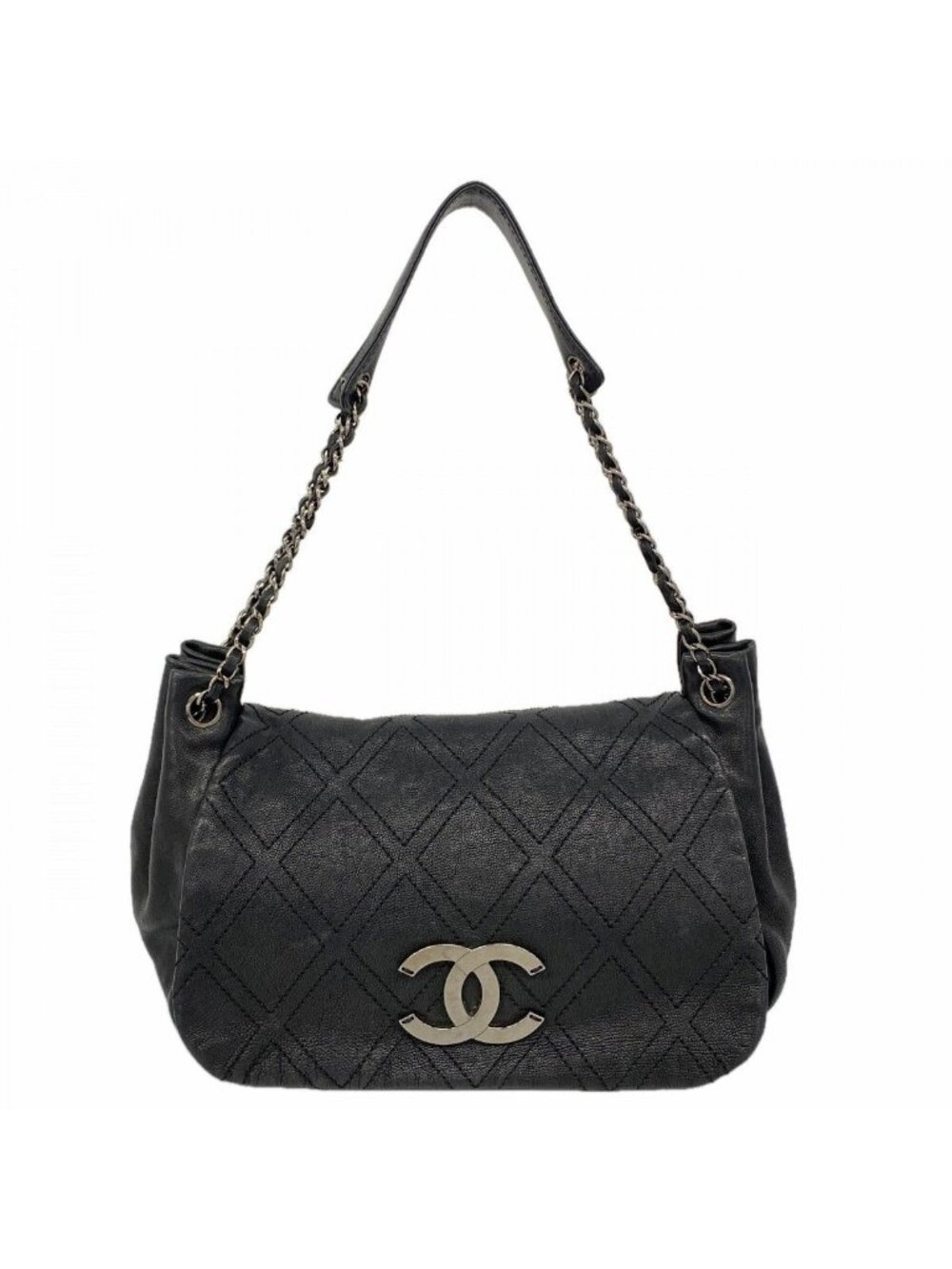 Chanel Shoulder Bag Jumbo CC Logo Leather Black Silver